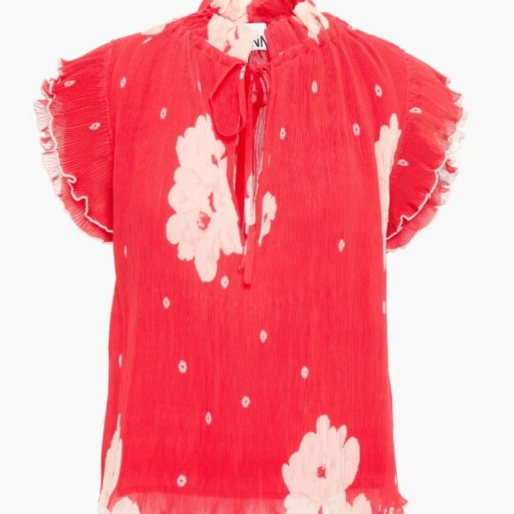 NWOT GANNI Ruffle Cap Sleeves Red Floral Plissé Chiffon Tie Blouse/Top S $265 - Picture 7 of 10
